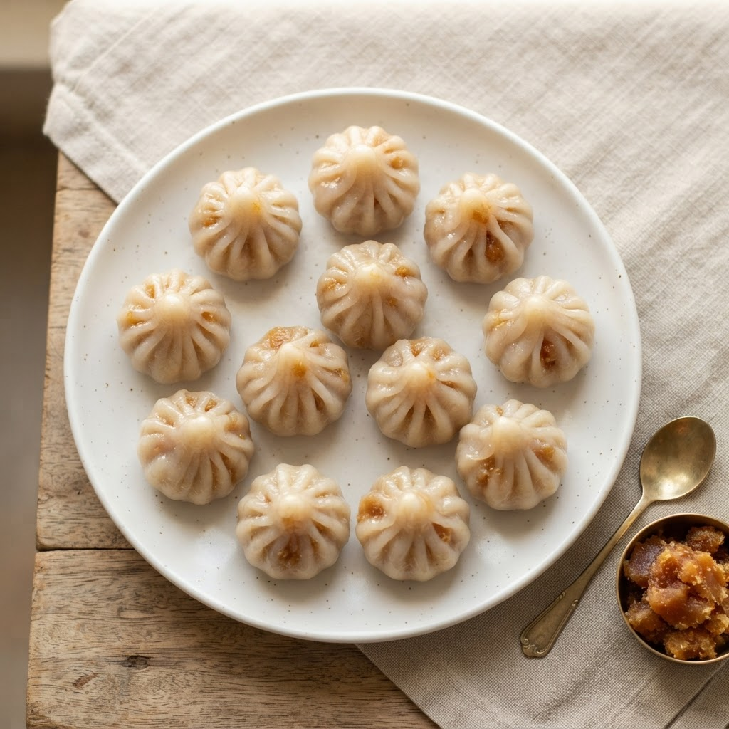 Ukadiche Modak — Soft steamed rice-flour modak with a coconut-jaggery heart.